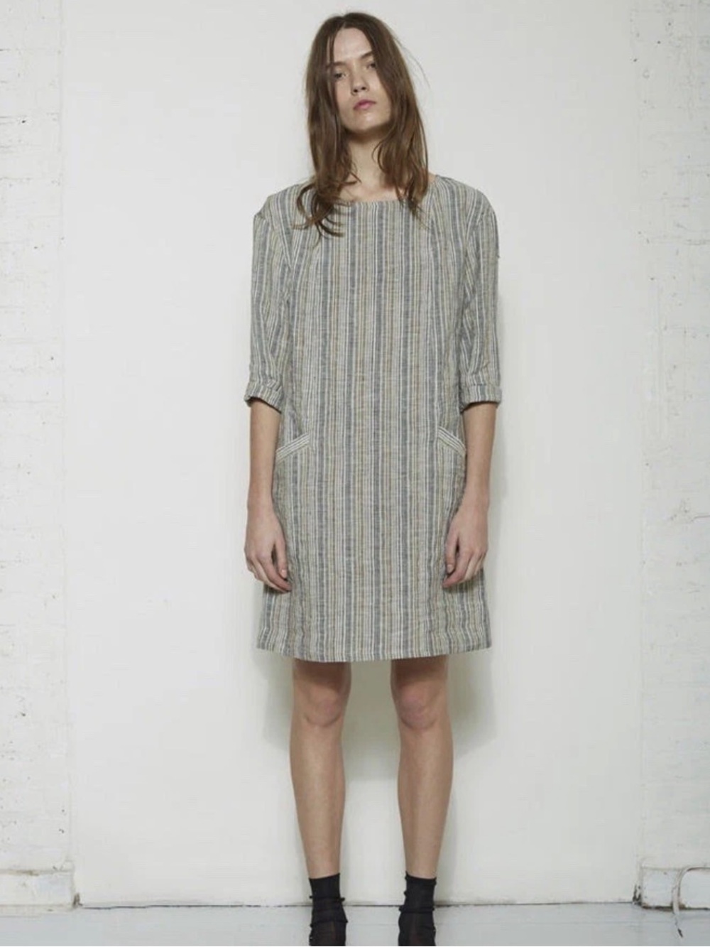 A.P.C. RUE MADAME PARIS Pattie Dress Grey Striped Linen 3/4 Sleeve Medium